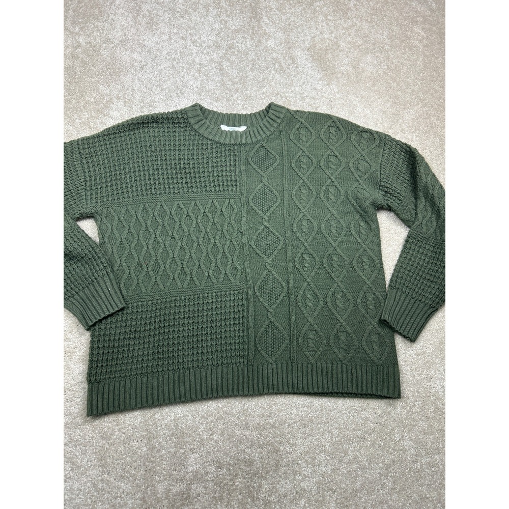 Time and Tru Patchwork Cable Knit Sweater XL Olive Green Mixed‎ Stitch Boho Cozy